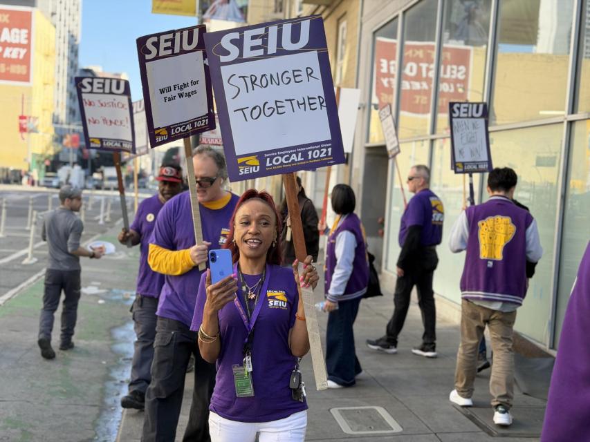 SEIU 1021 members at THC rallied at their lunch break on January 15.