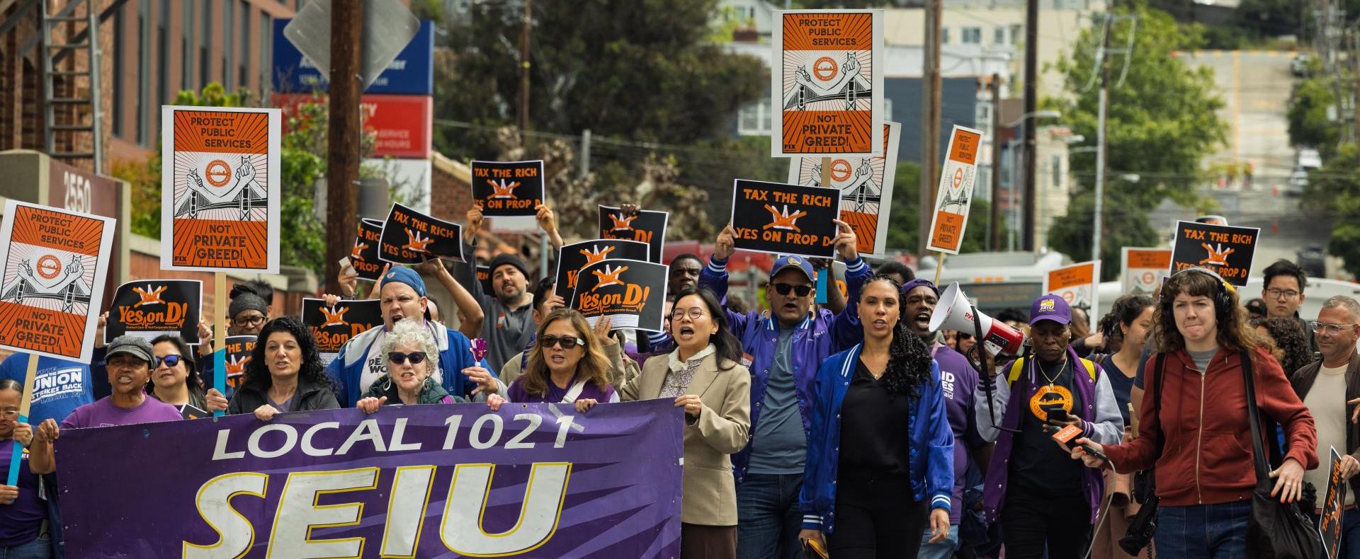 800 union members marched outside San Francisco General Hospital on April 15 in protest of the mayor's layoffs and service cuts.