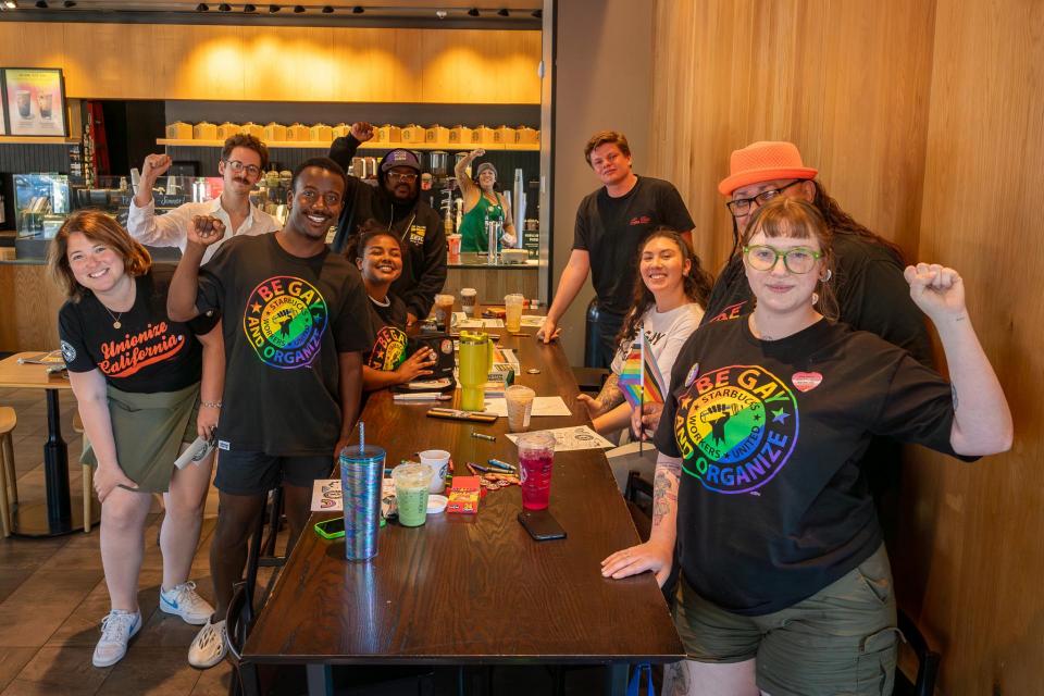 Unionized Starbucks workers and their allies celebrating pride at a store in Antioch, CA