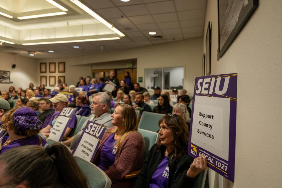 SEIU members packing the Board of Supervisor's meeting in 2023