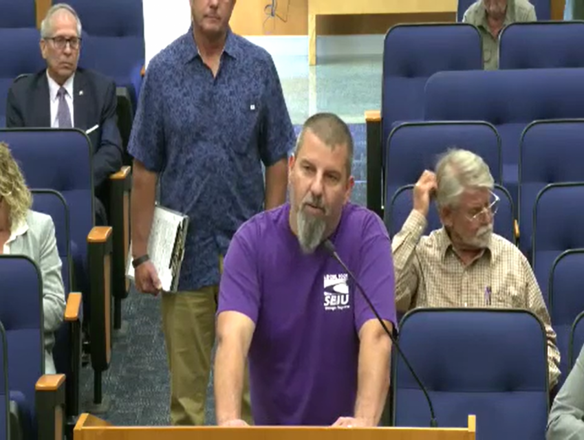 SEIU 1021 Sonoma County Chapter President Travis Balzarini discussing the safety issues at the airport during the Board of Supervisors meeting