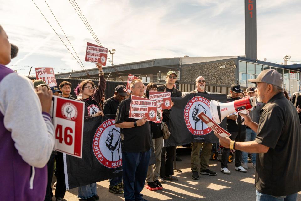 Members of the California Gig Workers Union rallying for accountability of autonomous vehicles in March, 2026 Members of the California Gig Workers Union rallying for accountability of autonomous vehicles in March, 2026