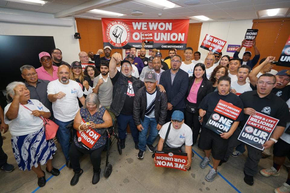 California Gig Workers Union members celebrate winning their union California Gig Workers Union members celebrate winning their union