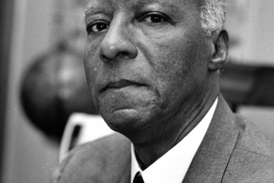 a black and white photo of A. Philip Randolph for SEIU 1021 Black History Month