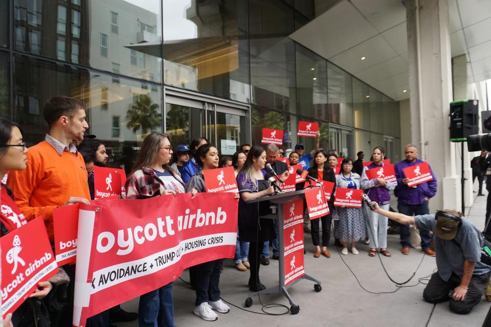 SEIU 1021 SF Civic Center Chapter President Joy Zhan speaks at the launch of the Airbnb boycott on October 8, 2025