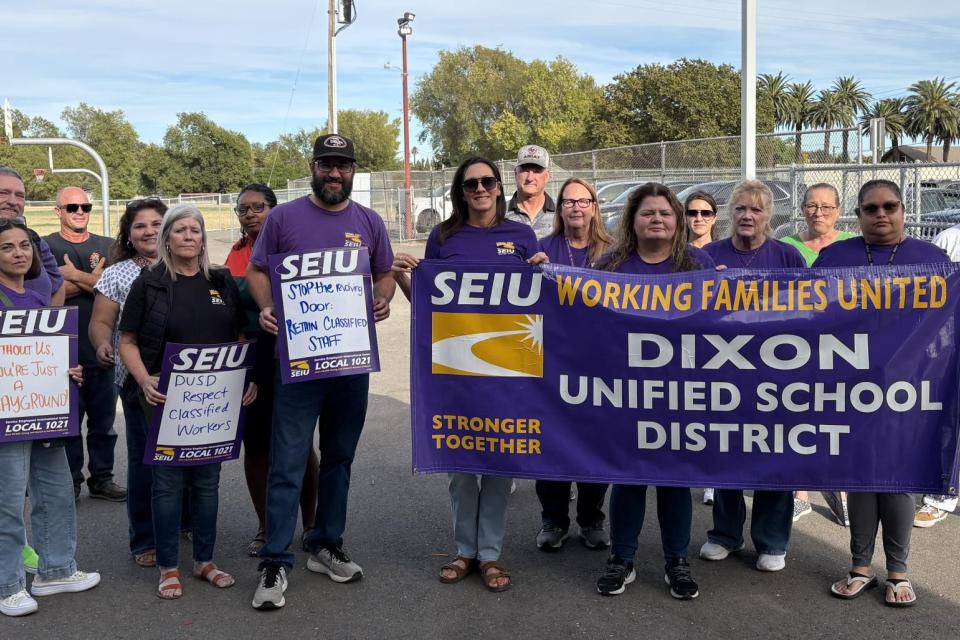 SEIU 1021 members at Dixon Unified rally before a board meeting on August 20th, one of several member actions taken over the past year of negotiations.