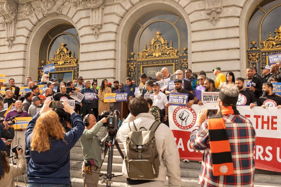 Union members rallied outside San Francisco City Hall, calling out Waymo’s lack of accountability — both to public safety and to the communities it impacts. Union members rallied outside San Francisco City Hall, calling out Waymo’s lack of accountability — both to public safety and to the communities it impacts.