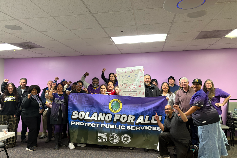 SEIU 1021 Solano members at the Strike Vote Count jubilantly rallying around the coalition banner