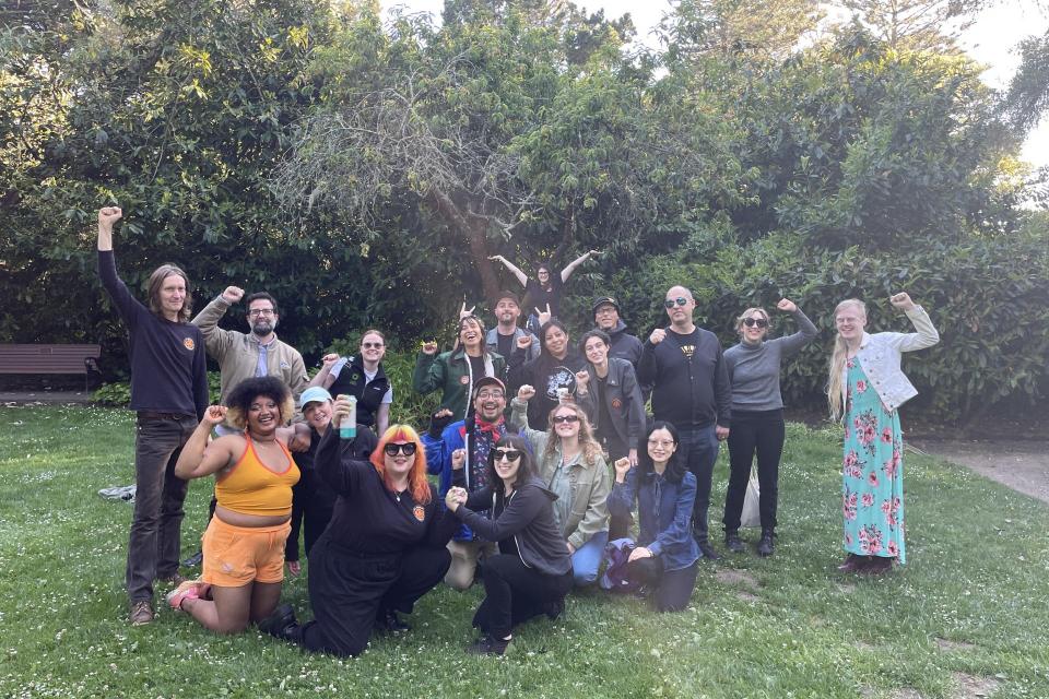 Cal Academy Workers United members celebrate the ratification of their first union contract on Monday, May 19, 2025.