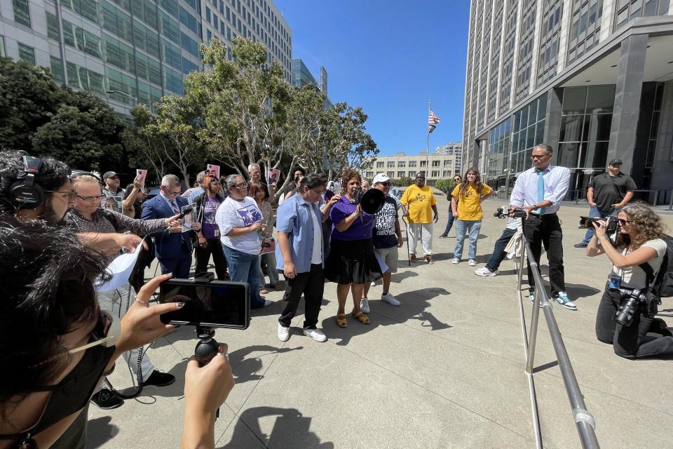 Angie's mother Maria speaks at a press conference outside the Federal Building where Angie was arraigned in downtown San Francisco on Thursday, August 21, 2025.