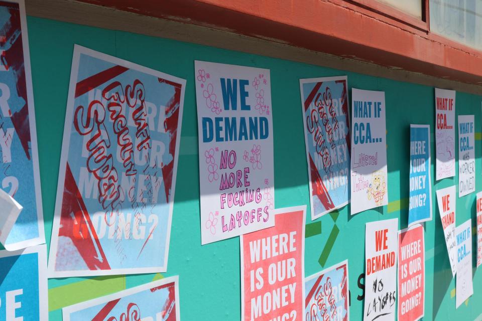 Posters from a 2023 student walkout fighting back against the mismanagement of funds that has lead to this month's closure announcement