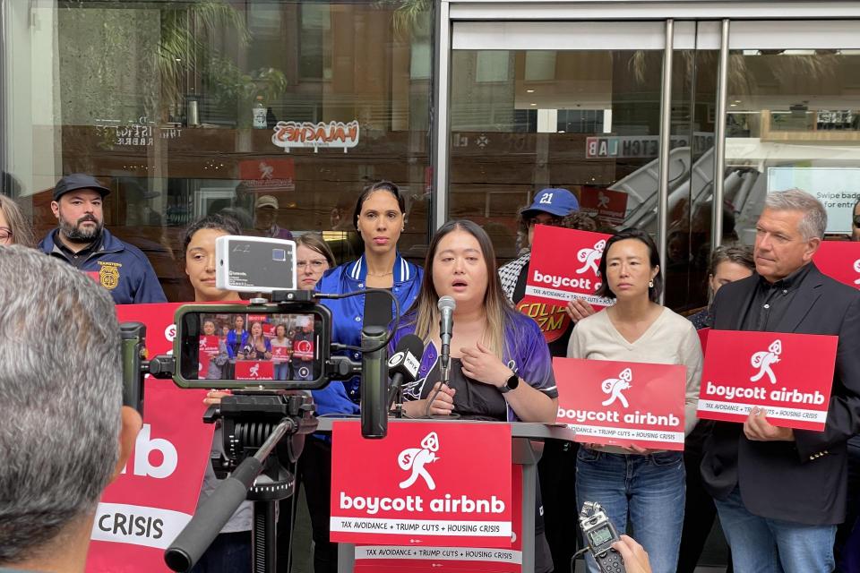 Joy Zhan, SEIU 1021 Civic Center chapter president, SF city workers, and SF resident, shares her reasons for supporting a boycott against Airbnb at the Oct. 8 press conference.