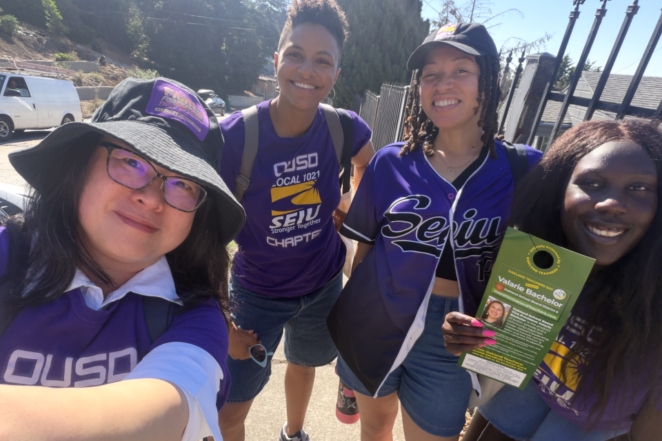(L to R)
Phoebe Nguyen - Chapter President
Sienna Kuykendell - OT OUSD
Holly Wilson - Chapter Secretary
and Cat Joseph - Chief Steward proudly knock doors for School Board candidates Jennifer Brouhard and Valarie Bachelor (L to R) Phoebe Nguyen - Chapter President Sienna Kuykendell - OT OUSD Holly Wilson - Chapter Secretary and Cat Joseph - Chief Steward proudly knock doors for School Board candidates Jennifer Brouhard and Valarie Bachelor
