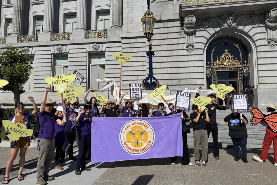 Cal Academy workers rallied outside SF City Hall on June 11, seeking a full audit of the Academy's finances from the Board of Supervisors Budget and Appropriations Committee.