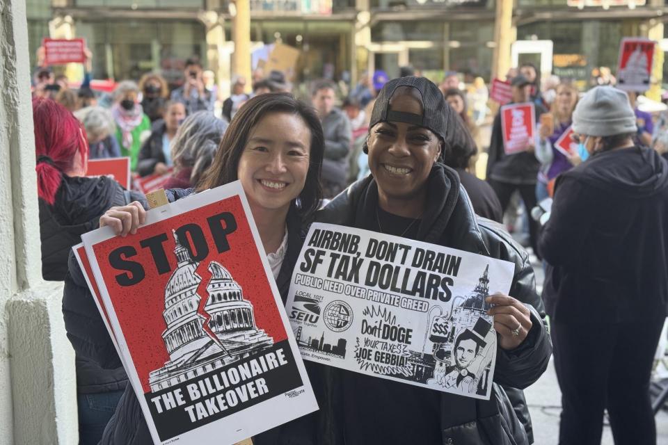 Sup. Connie Chan and SEIU 1021 SF VP Kristin Hardy protest outside Airbnb HQ in March, 2025