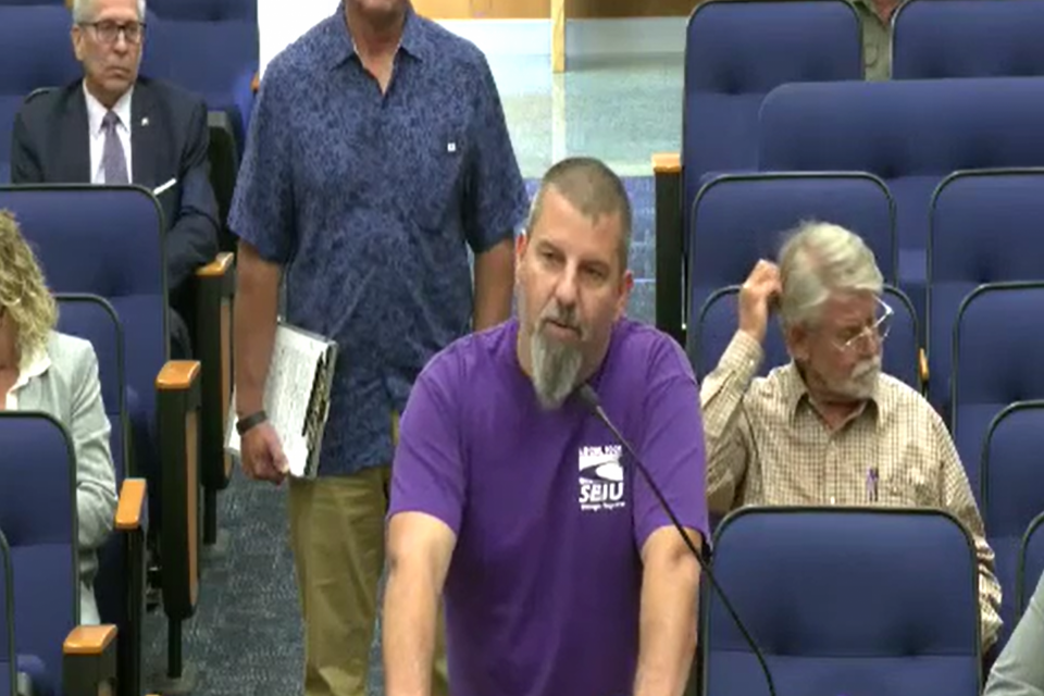 SEIU 1021 Sonoma County Chapter President Travis Balzarini discussing the safety issues at the airport during the Board of Supervisors meeting