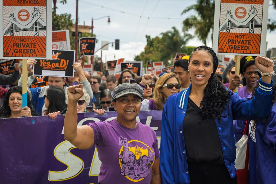 SF city workers marched outside SF General Hospital on Tax Day, April 15, 2026