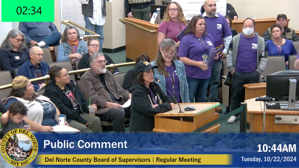 Del Norte SEIU 1021 Chapter President Norma Williams confronting the Board of Supervisors over the staffing crisis threatening the Del Norte community